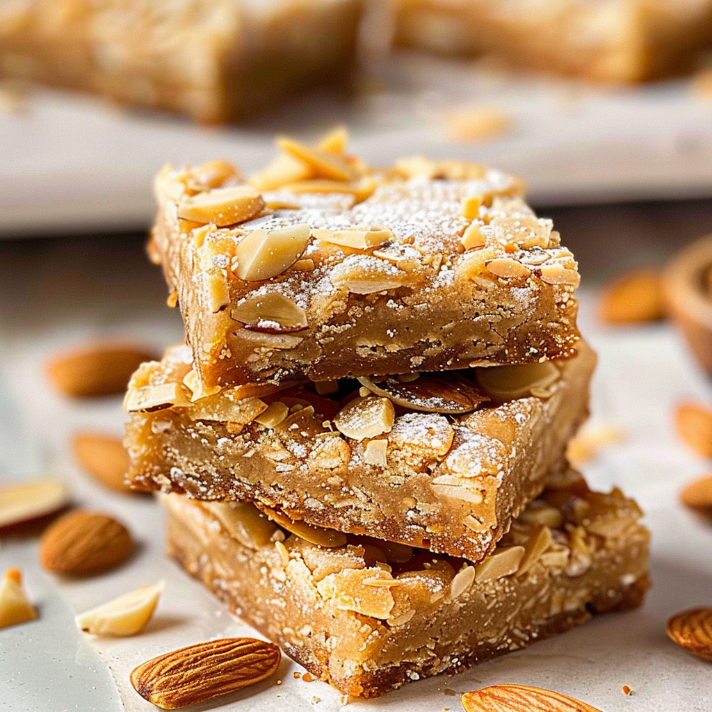 Almond Croissant Cookie Bars: Easy, Buttery, Bakery-Worthy Flavor 11 tacked almond croissant cookie bars with powdered sugar and almonds