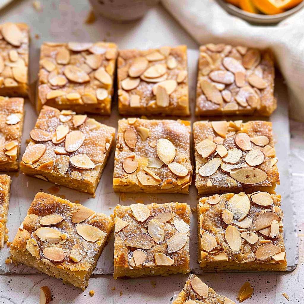 Almond Croissant Cookie Bars: Easy, Buttery, Bakery-Worthy Flavor 12 Almond croissant cookie bars displayed on a marble surface