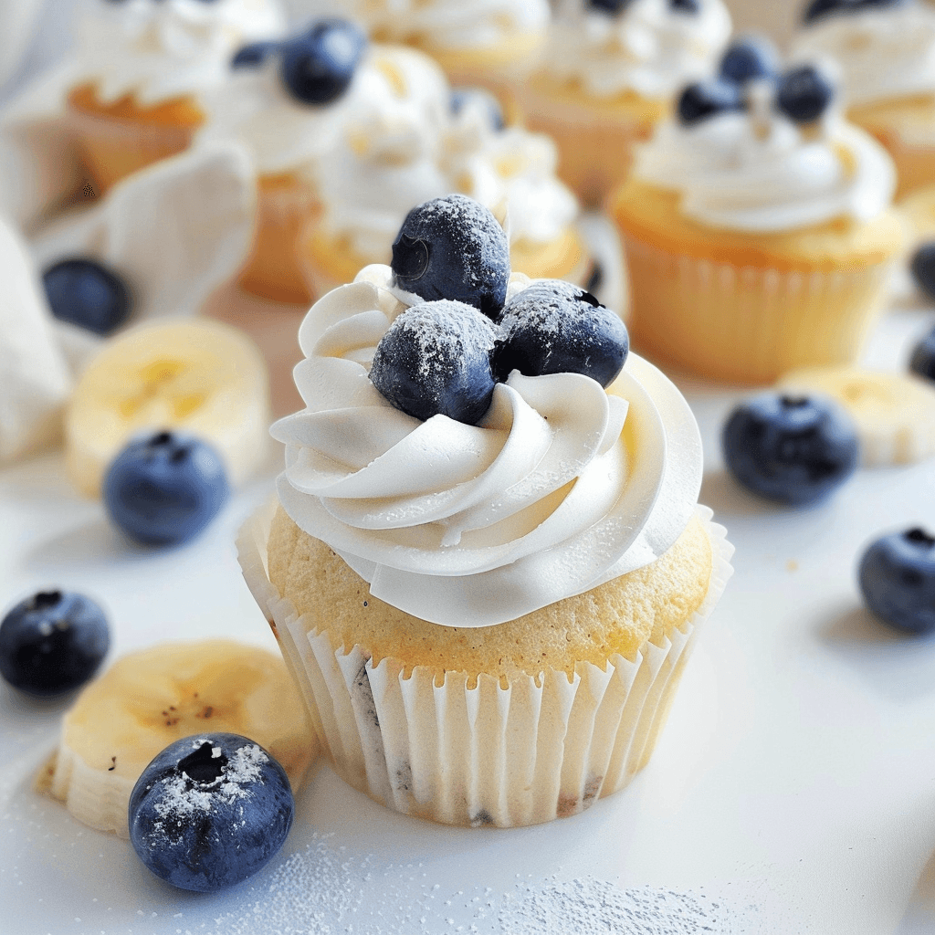 Angel food shortcakes topped with whipped cream, surrounded by banana slices and blueberries