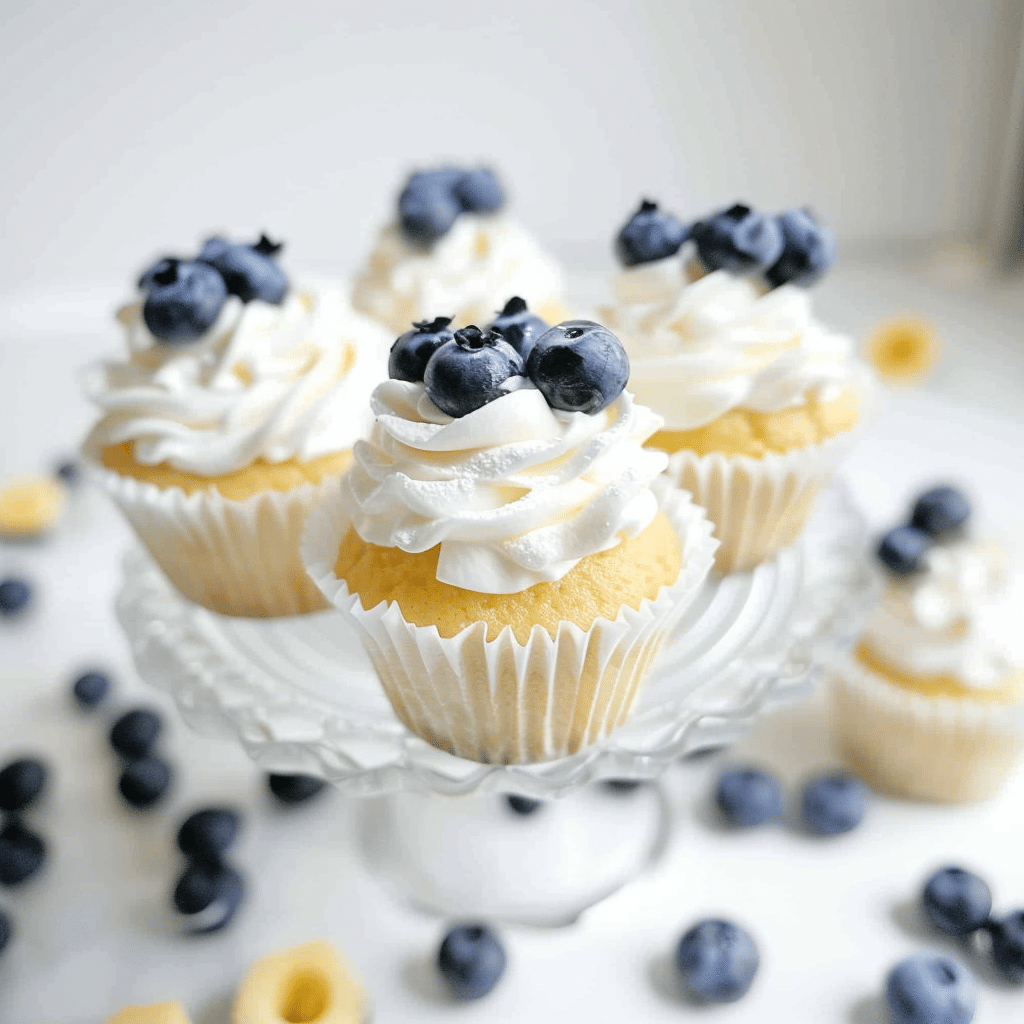 Angel Food Cake Shortcake 17 Frosted angel food shortcakes topped with blueberries on a tiered stand
