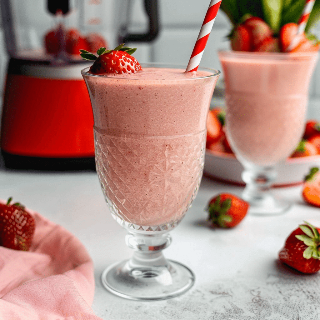 Glass of banana and strawberry smoothie without milk, garnished with fresh strawberries