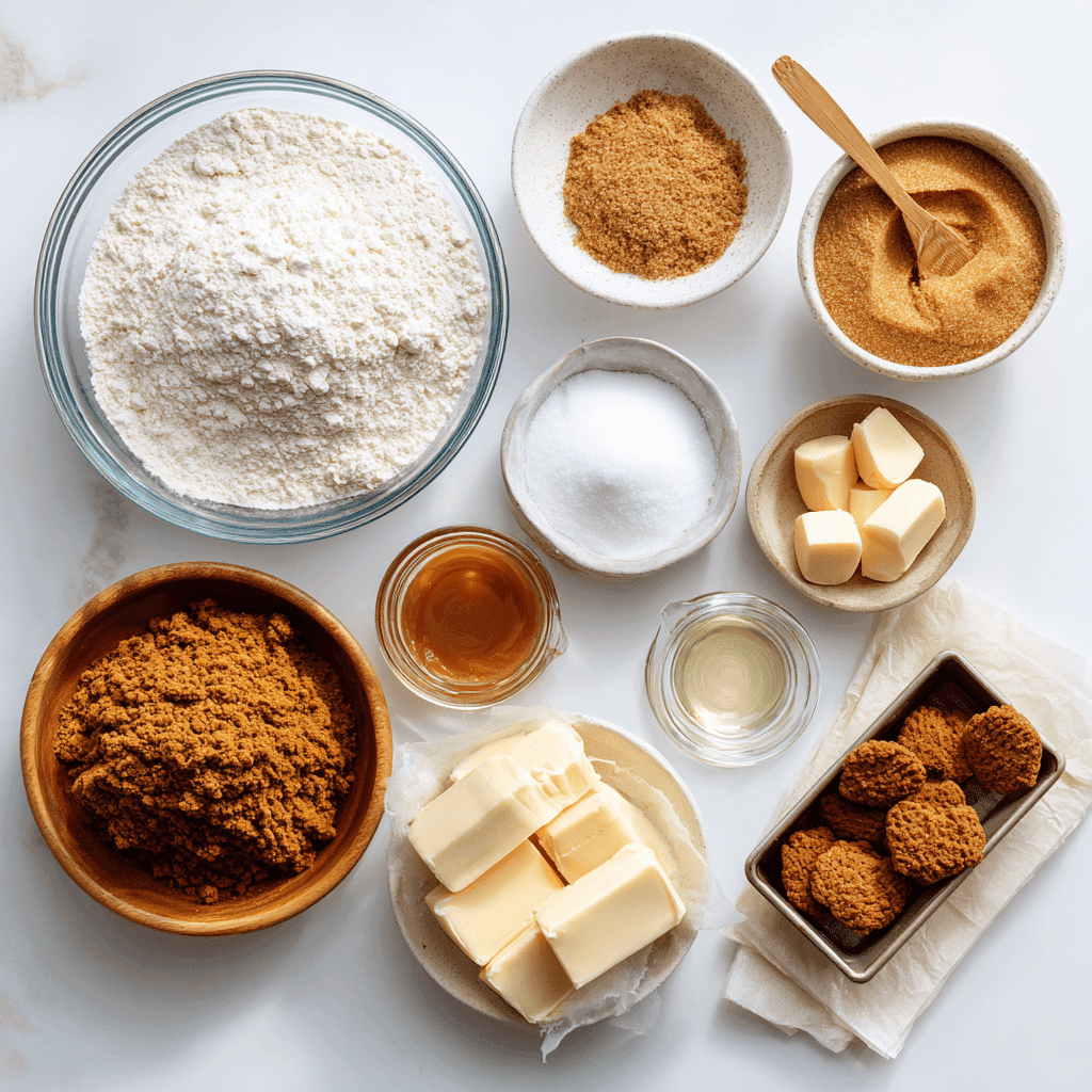 Moist Biscoff Cookie Butter Pound Cake Magic 12 Biscoff Cookie Butter Pound Cake ingredients laid out on white background