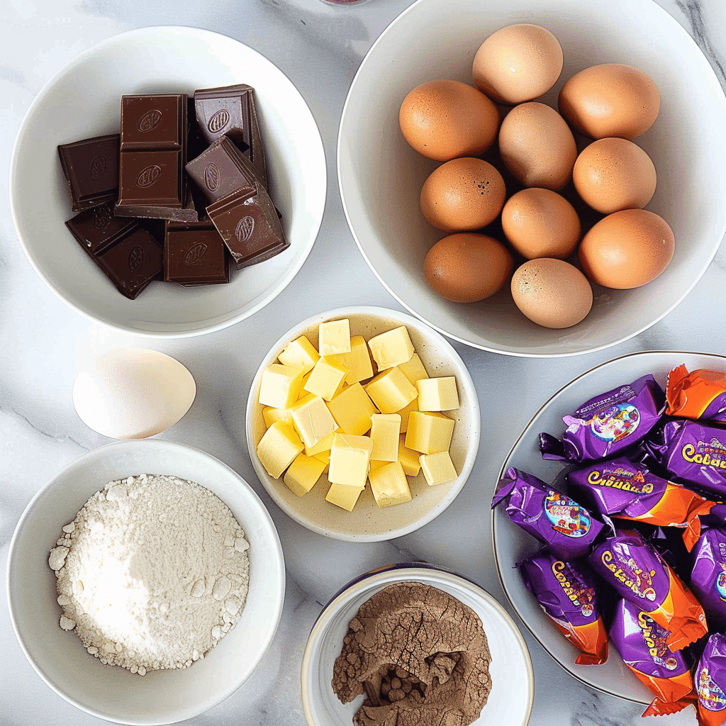 Cadbury Creme Egg Brownie Recipe 12 Cadbury Creme Egg brownie recipe ingredients displayed on marble countertop