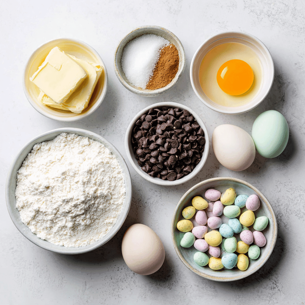 Easy Cadbury Mini Egg Cookies Recipe Everyone Will Rave About 12 Cadbury Mini Egg Cookies ingredients prepped and ready on a kitchen counter