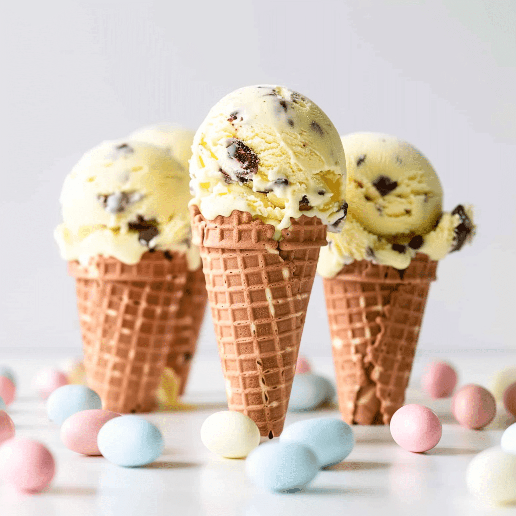 Cadbury Mini Egg Ice Cream scoop in pastel cone with crushed mini eggs