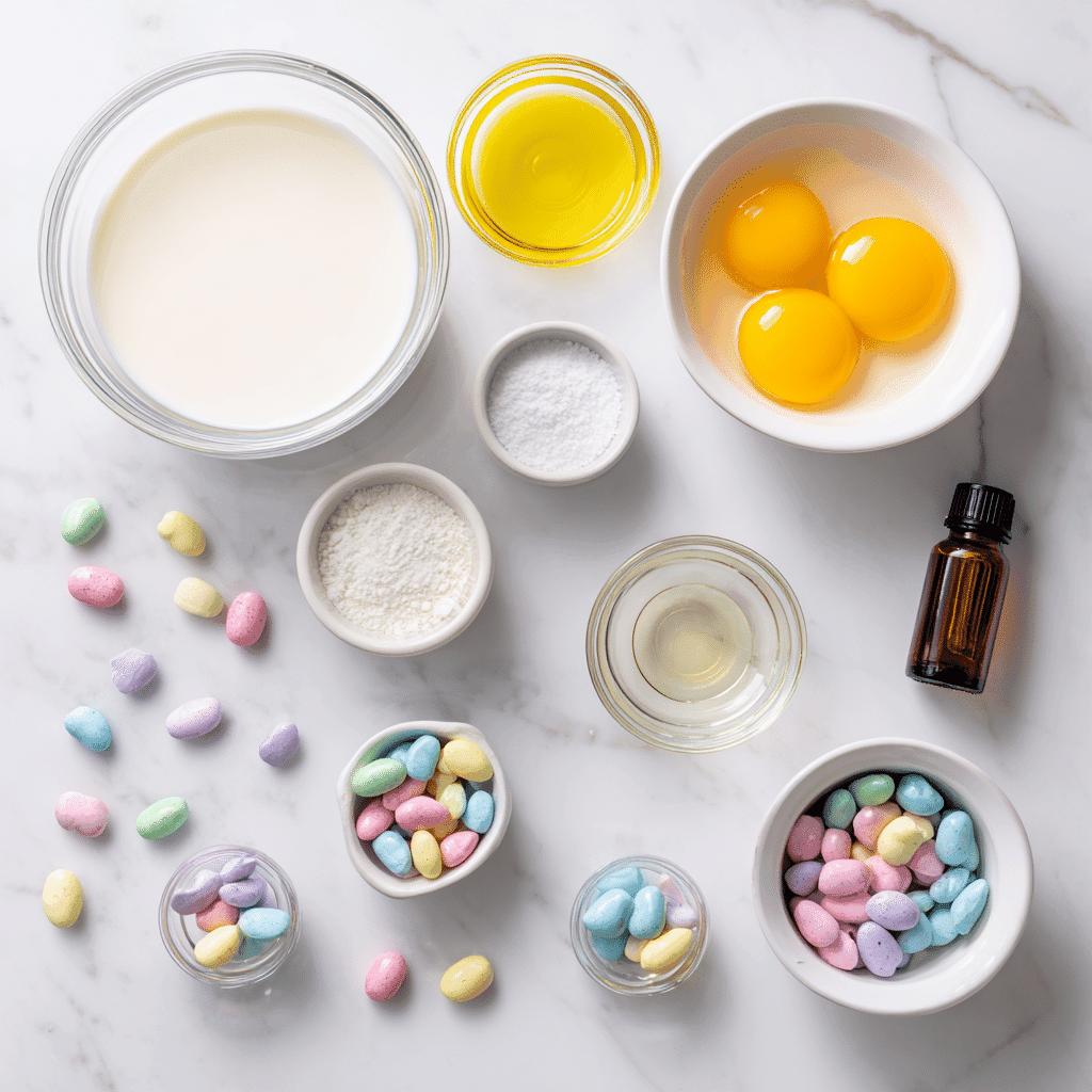 Creamy Cadbury Mini Egg Ice Cream You’ll Love 12 Cadbury Mini Egg Ice Cream ingredients displayed on marble surface