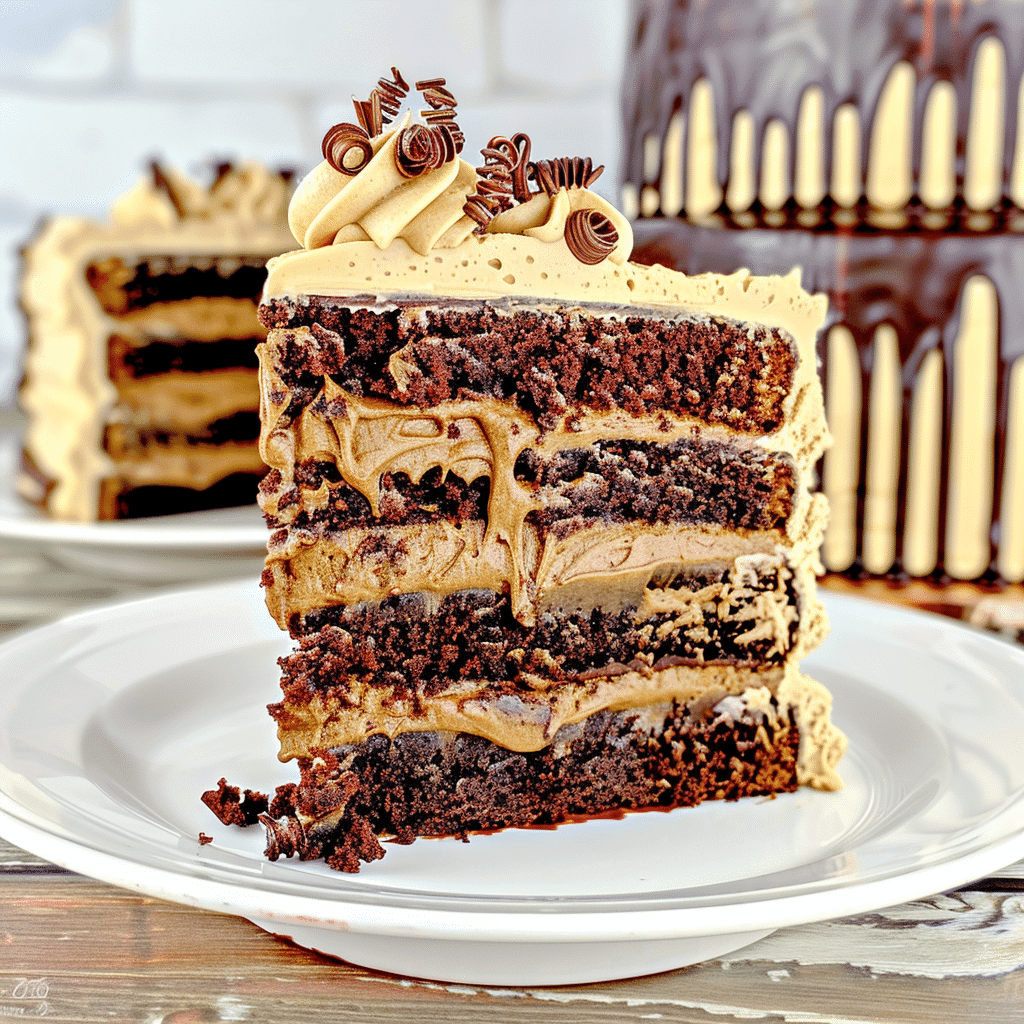 cake with Reese’s slice garnished with chocolate and peanut butter