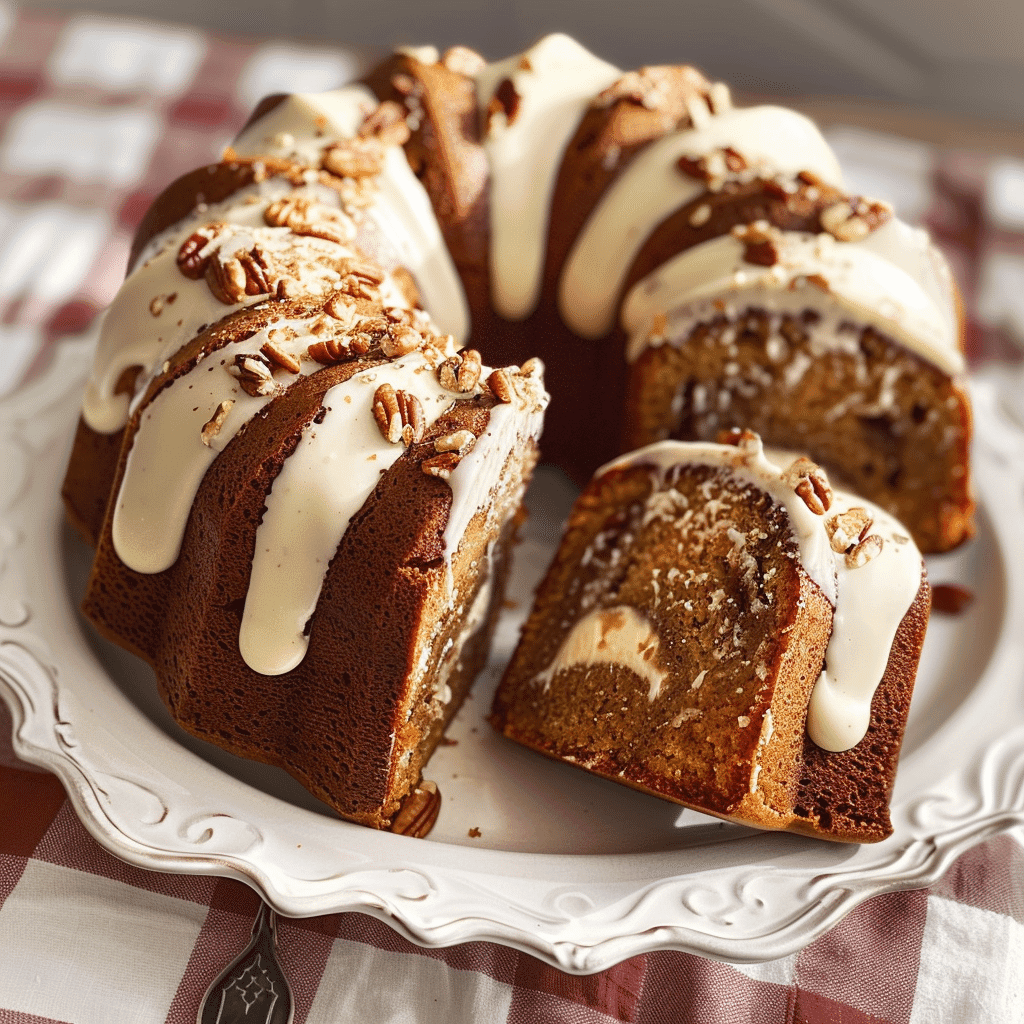 Carrot Bundt Cake Recipe with cream cheese frosting and pecans