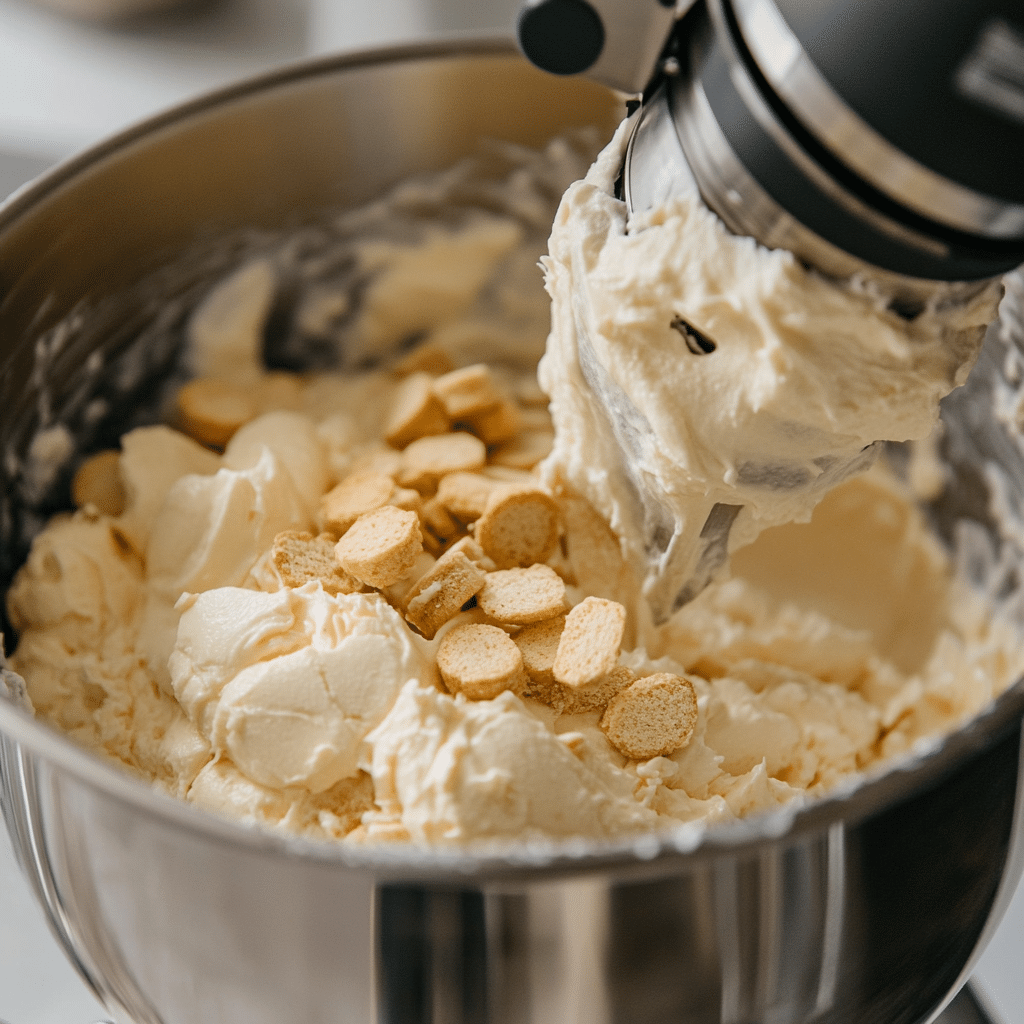 5 Irresistible Reasons to Try Banana Pudding with Cheesecake Pudding 14 Folding Nilla wafers into cheesecake pudding mix