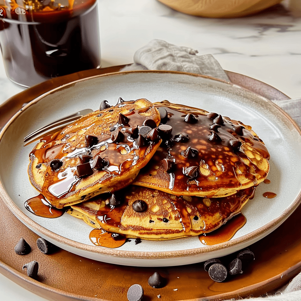 chocolate chip mini pancakes with chocolate chips and maple syrup
