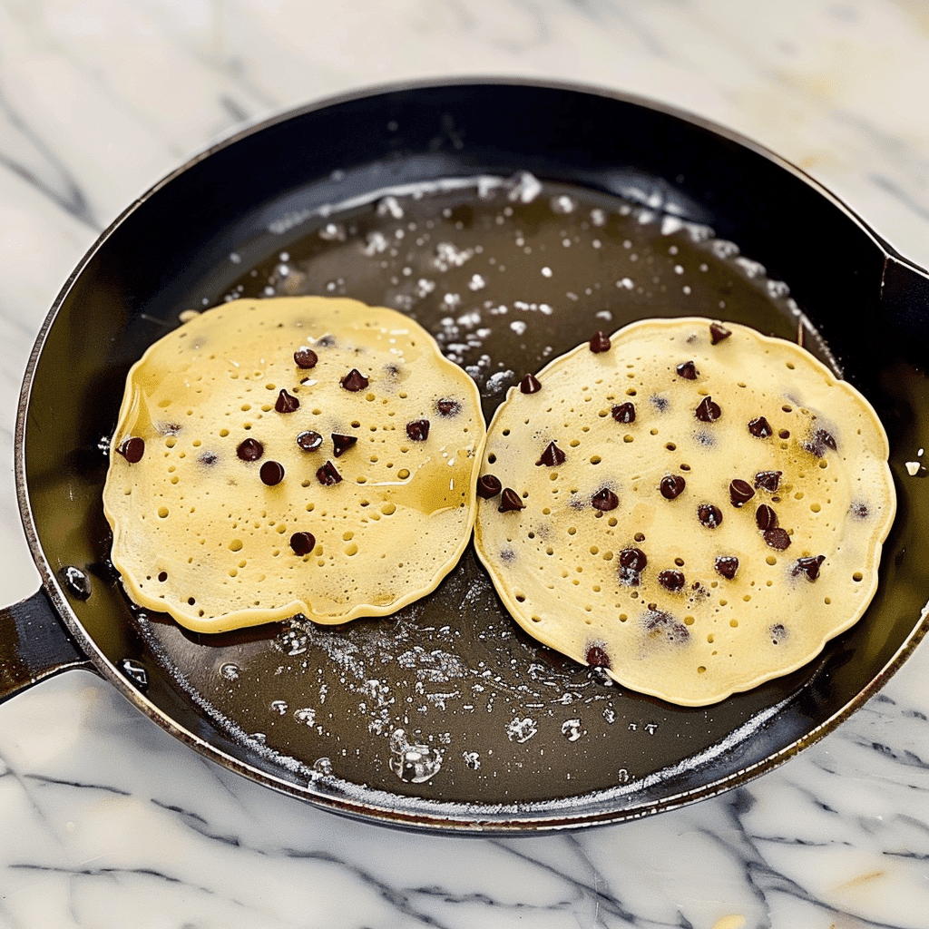 Chocolate Chip Mini Pancakes 14 chocolate chip mini pancakes cooking in skillet on stovetop