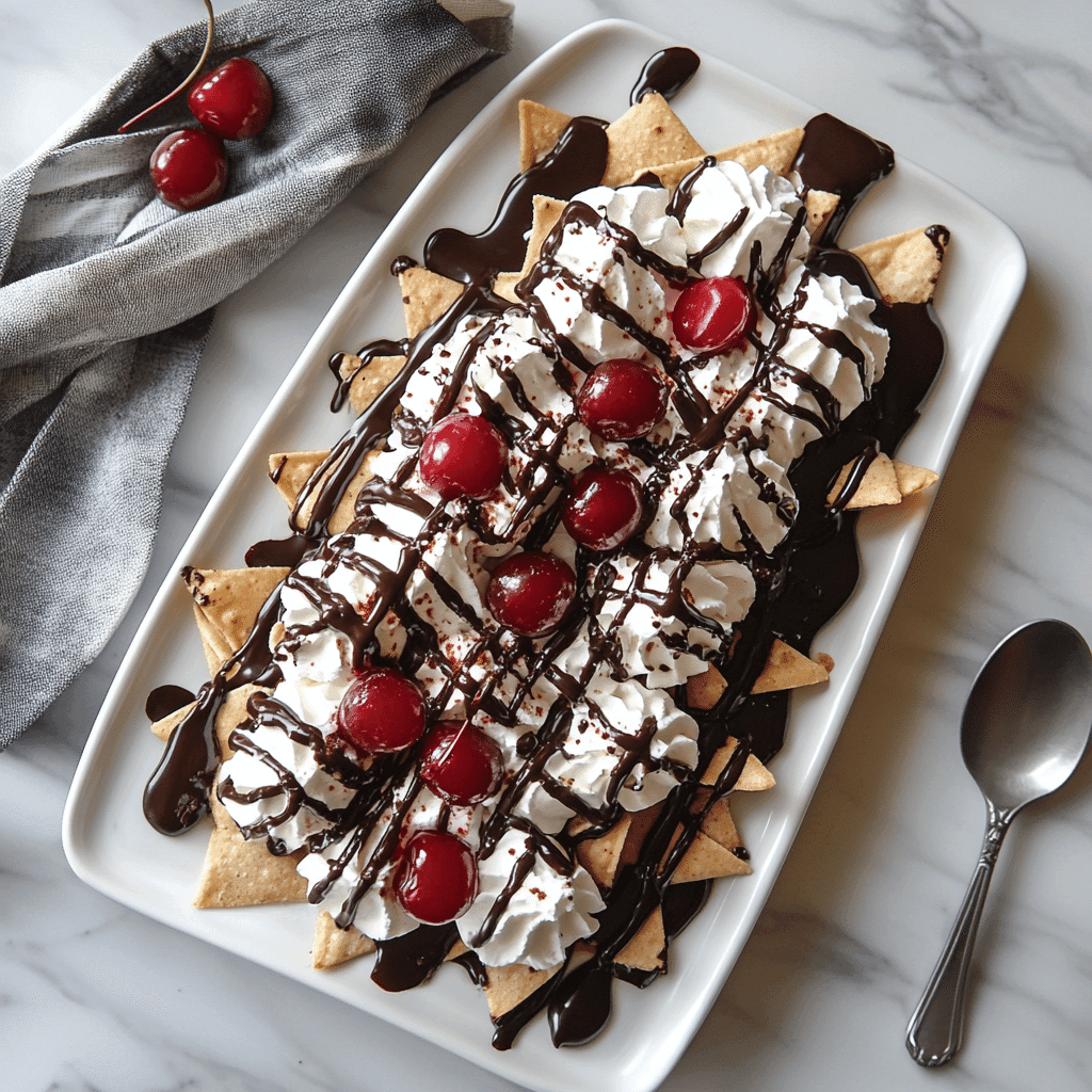 Cookie nacho dessert platter loaded with toppings