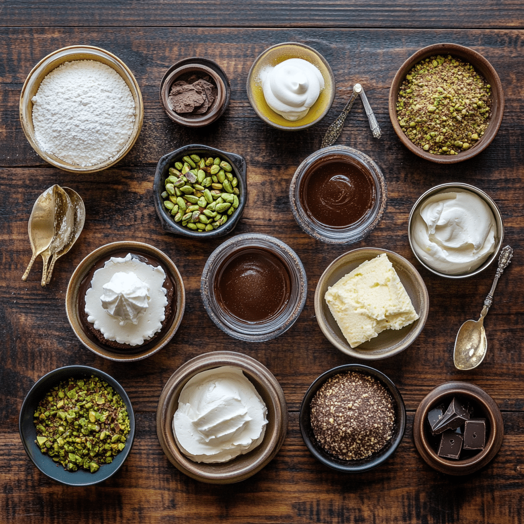 Dubai Chocolate Tiramisu That Blends Bold Flavor with Pistachio Luxury 10 dubai chocolate tiramisu ingredients flat lay