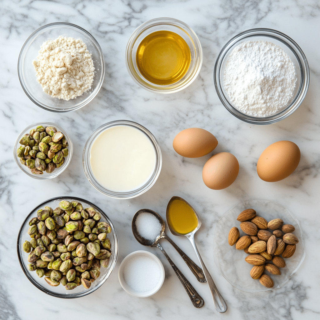 Flourless Pistachio Cake – Insanely Good, Jaw-Dropping Flavor Combo 10 Ingredients for flourless pistachio cake on marble counter