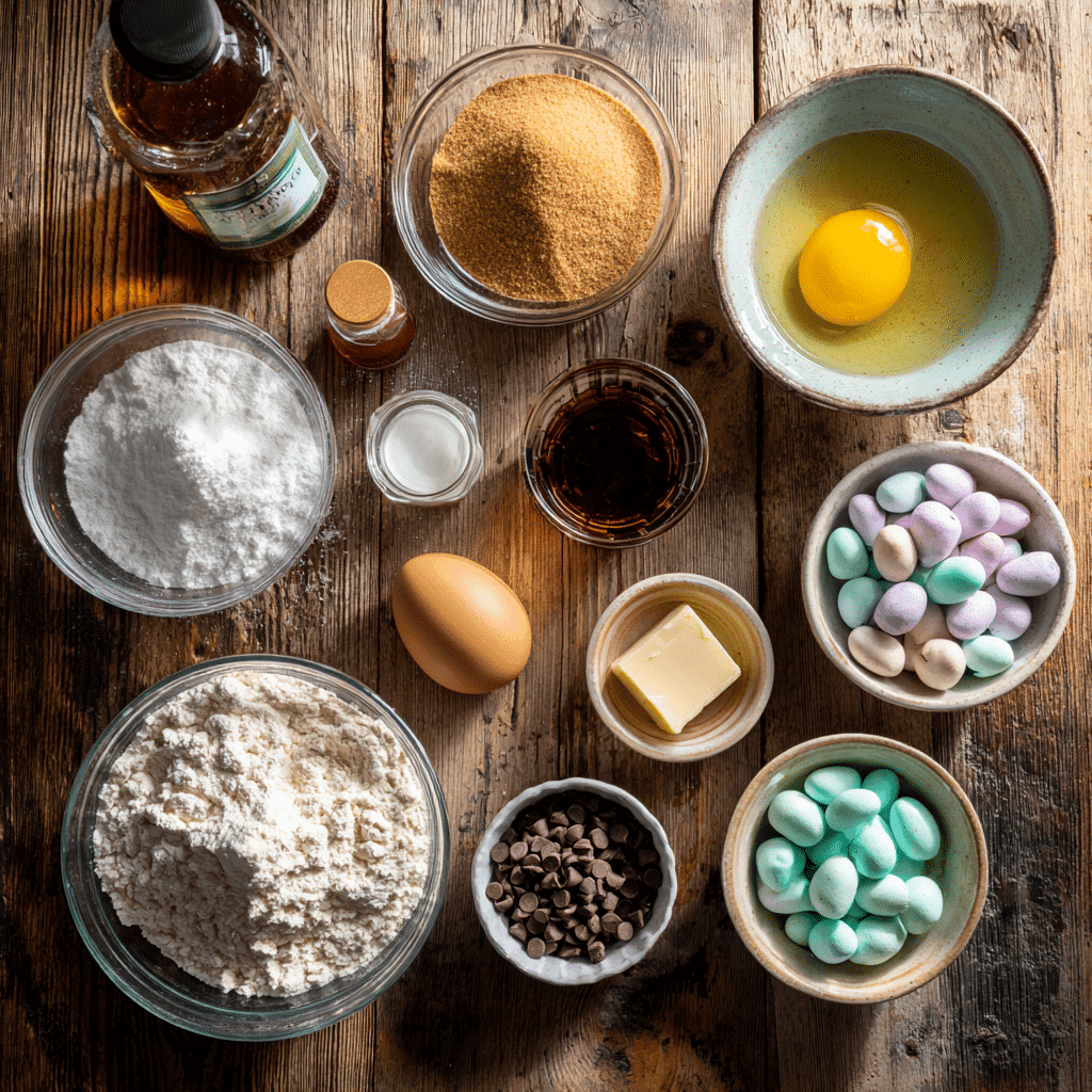 Make These Gluten Free Mini Egg Cookies Today 10 Gluten free mini egg cookies ingredients arranged on a wooden table