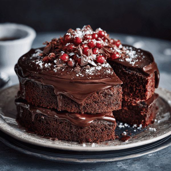 Decadent chocolate cake with rich ganache and moist layers, captured in a natural kitchen light