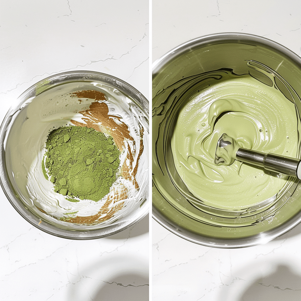 Matcha Tiramisu 16 Mixing whipped cream and matcha powder in a glass bowl
