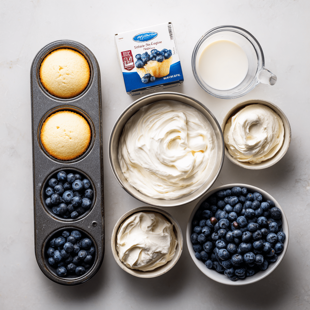 Angel Food Cake Shortcake 14 Cupcakes, whipped topping, blueberries, banana, and yogurt arranged with mixing tools