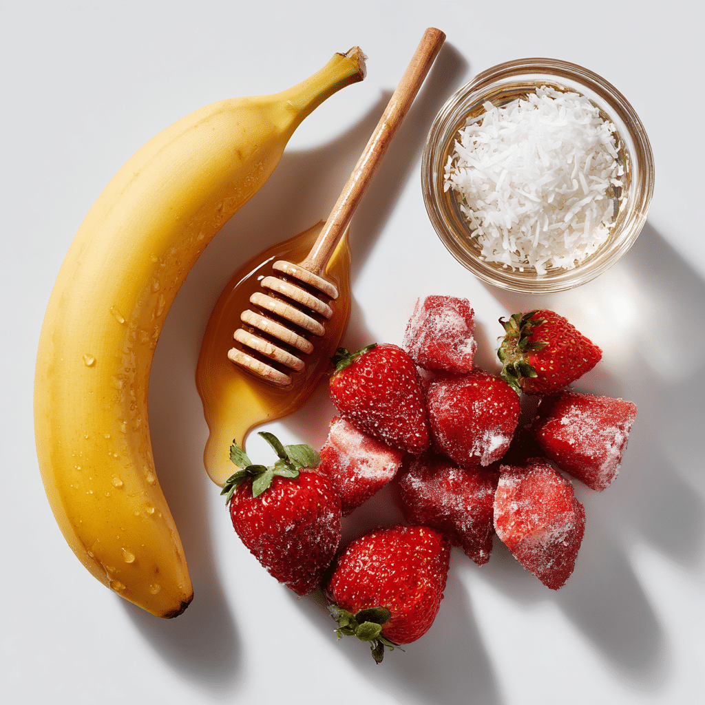 Banana And Strawberry Smoothie Without Milk 12 Fresh strawberries, banana, honey, and ice on a white background
