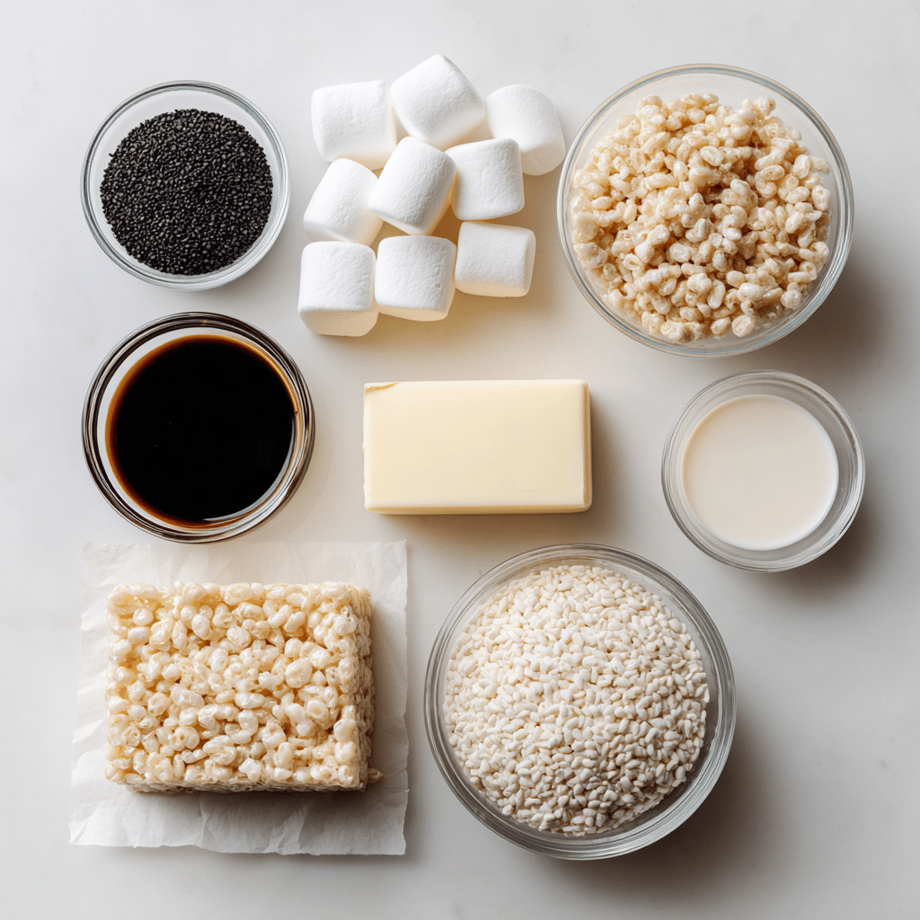 Black Sesame Rice Krispies 12 Marshmallows, butter, rice cereal, black sesame, and other ingredients laid out