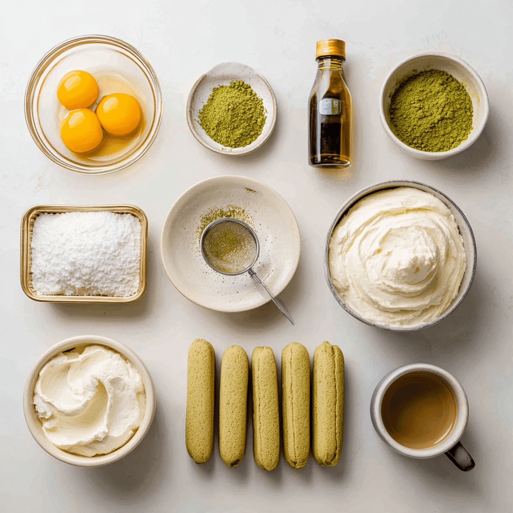 Matcha Tiramisu 14 Ingredients for matcha tiramisu including mascarpone, eggs, matcha, sugar, and ladyfingers