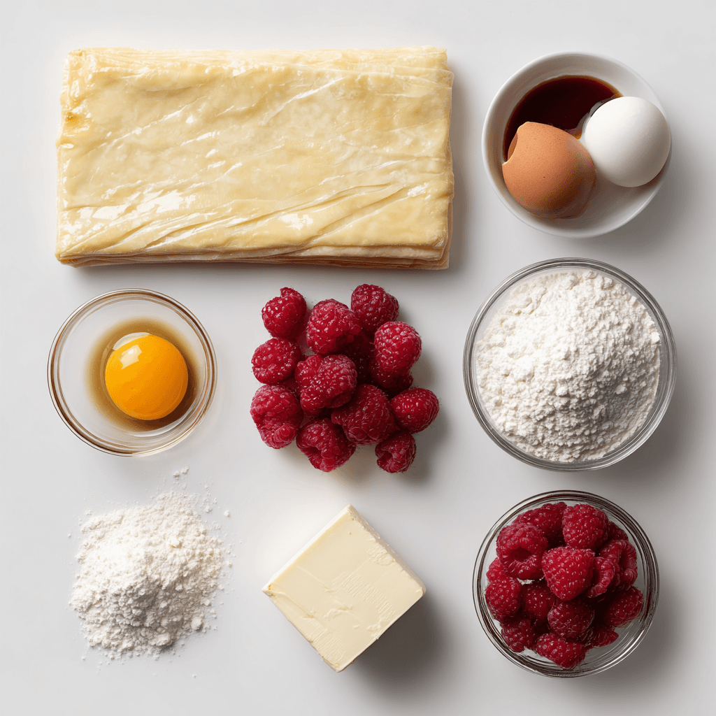 Danish pastry raspberry 14 Puff pastry, raspberries, eggs, flour, cream cheese, and sugar on a white background