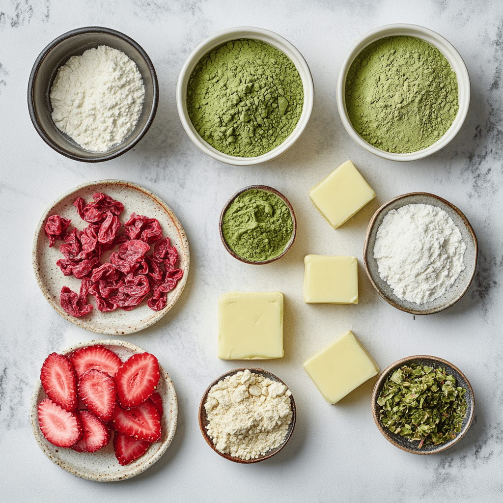 Matcha Cookies Strawberry - Insanely Good, Jaw-Dropping Flavor Combo 8 Matcha cookies strawberry ingredients flat lay