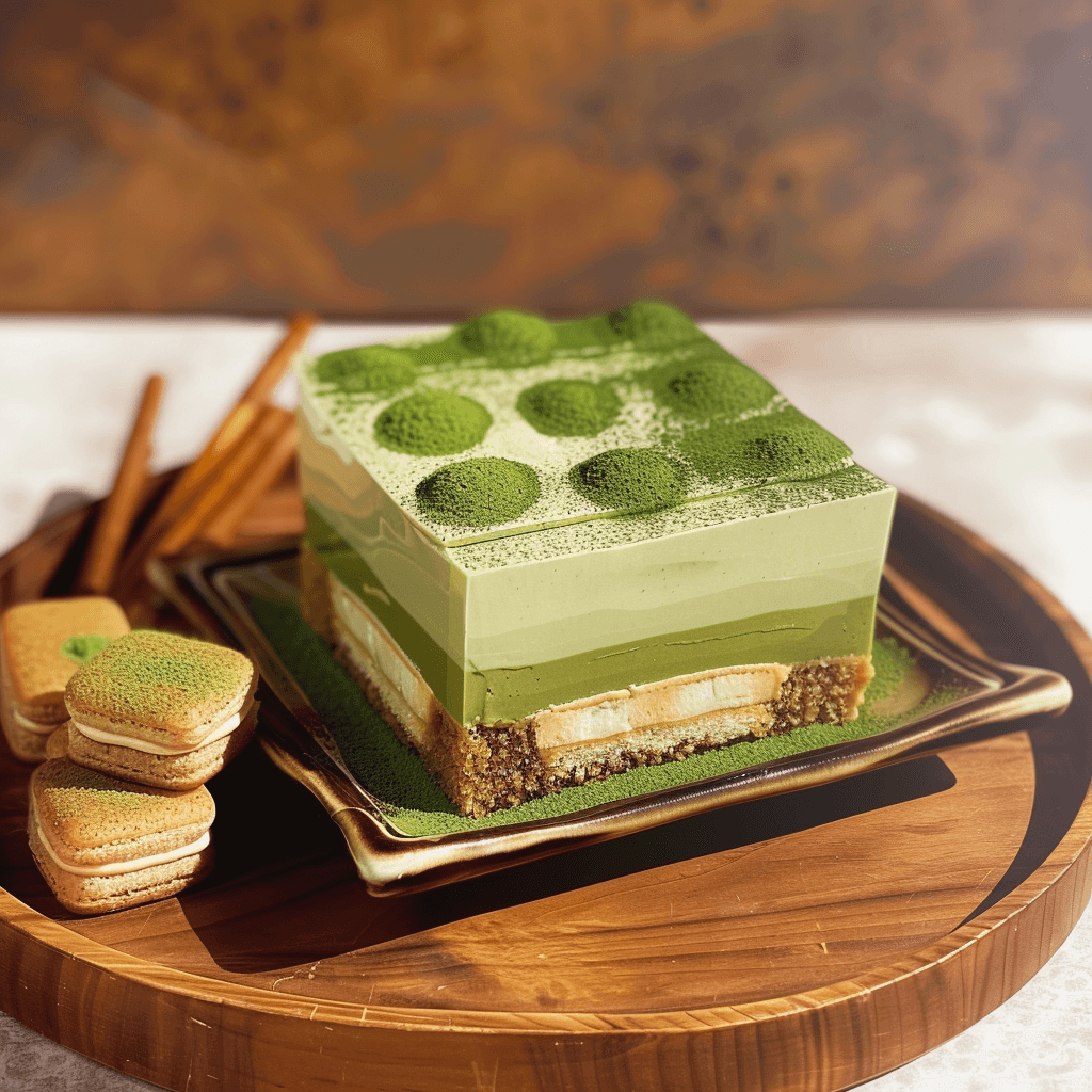 Matcha Tiramisu 18 Whole matcha tiramisu with decorative matcha cream dots and matcha biscuits