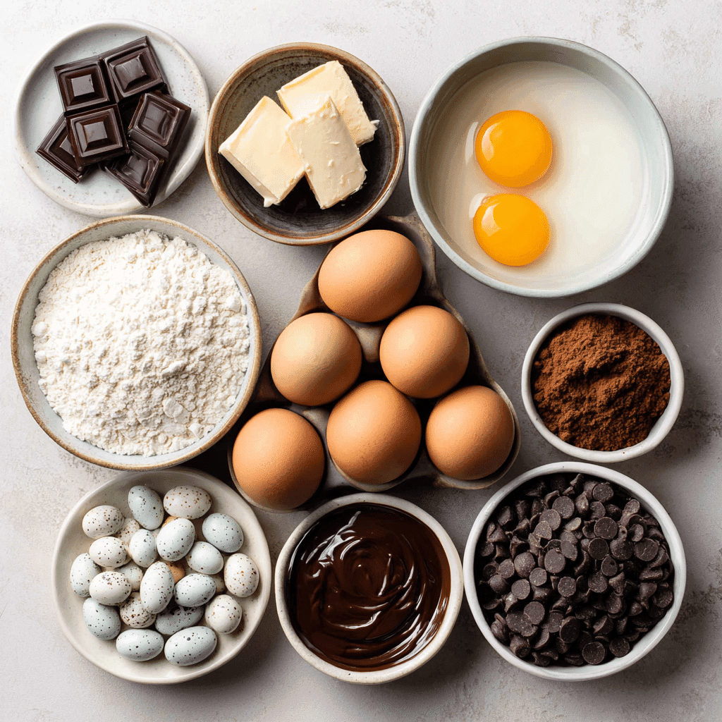 Irresistible Mini Egg Brownies You Must Bake Now 12 mini egg brownies ingredients flat lay measured setup