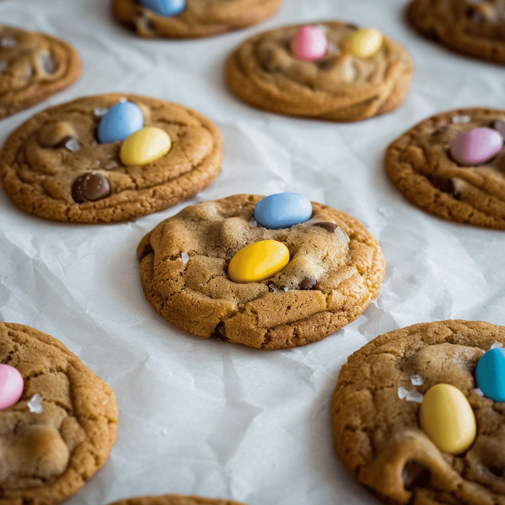 Mini Egg Chocolate Chip Cookies Recipe 12 Mini Egg Chocolate Chip Cookies cooling on wire rack with melted chocolate