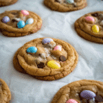 Mini Egg Chocolate Chip Cookies Recipe 11 Mini Egg Chocolate Chip Cookies stacked on a plate with pastel candy shells