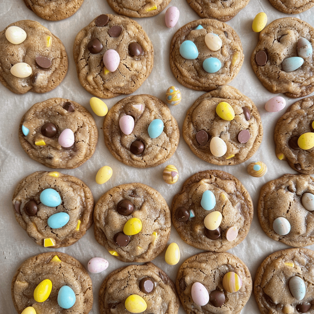 Mini Egg Chocolate Chip Cookies Recipe 14 Mini Egg Chocolate Chip Cookies on a tray ready to serve for kids