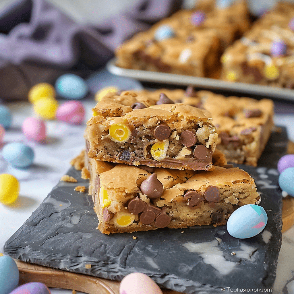 How to Make the Best Mini Egg Cookie Bars Ever 15 mini egg cookie bars close up showing gooey center and candy shell