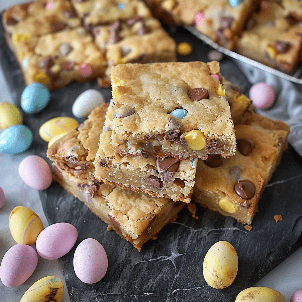 How to Make the Best Mini Egg Cookie Bars Ever 14 mini egg cookie bars fresh from oven with golden tops
