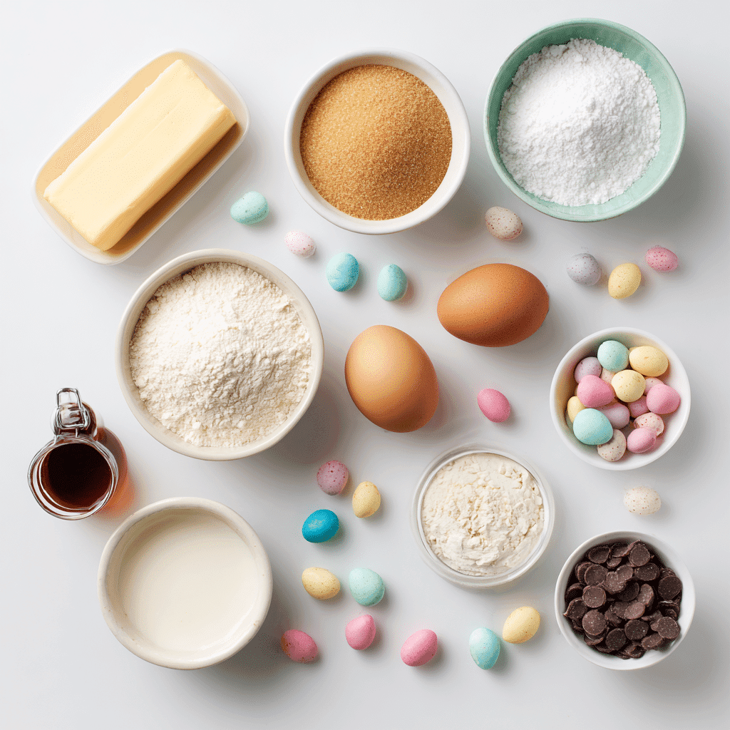 How to Make the Best Mini Egg Cookie Bars Ever 12 mini egg cookie bars ingredients flat lay on white background