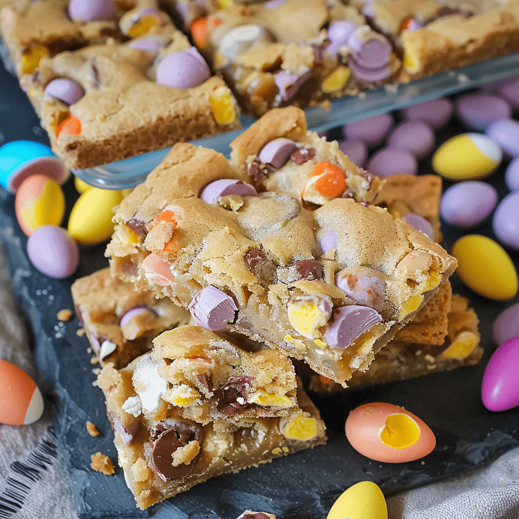 How to Make the Best Mini Egg Cookie Bars Ever 13 mini egg cookie bars sliced on parchment with chocolate chips