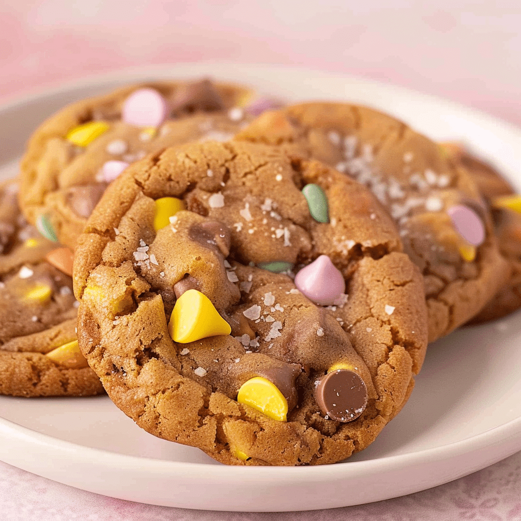 mini egg cookies on festive plate surrounded by Easter decorations
