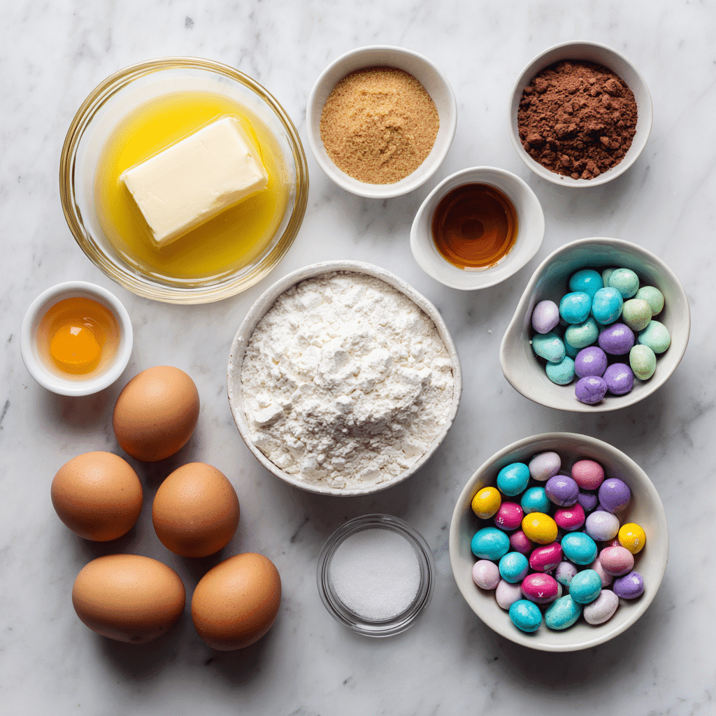 mini egg cookies ingredients arranged flat lay on marble