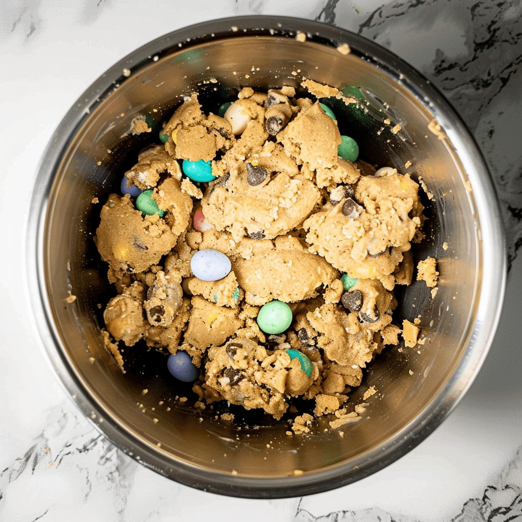 Mini Egg Easter Cookies Everyone Will Love 11 Mini Egg Easter Cookies dough mixing and mini eggs being folded in during preparation