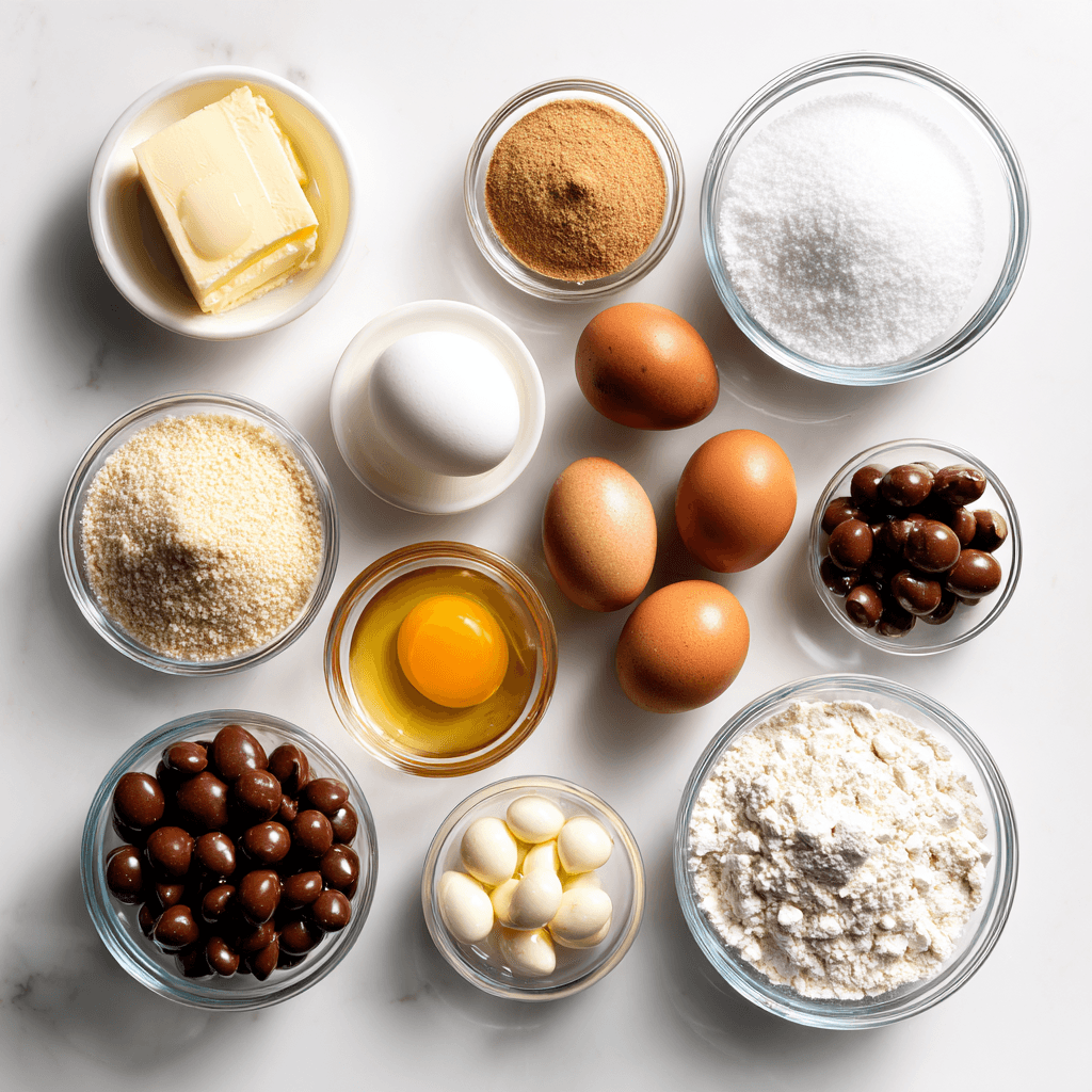 Mini Egg Easter Cookies Everyone Will Love 10 Mini Egg Easter Cookies ingredients flat lay with butter, sugars, flour, chocolate eggs, and chocolate chips on a white background