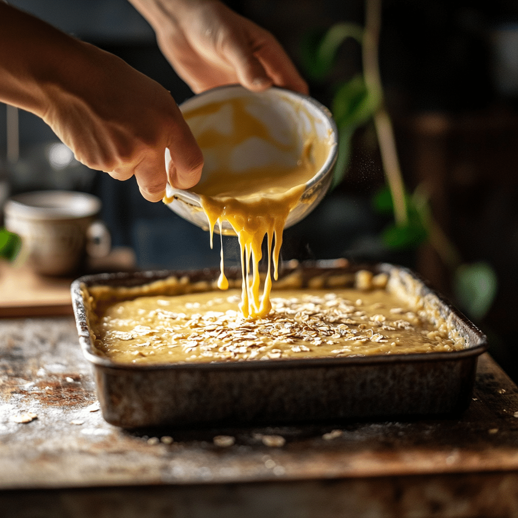Oatmeal Cake with Coconut Frosting - the best recipe ever 11 oatmeal cake batter being poured into pan