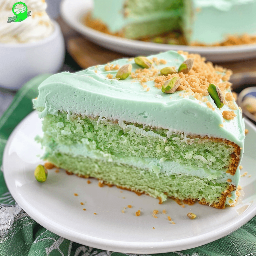 Pistachio cake with pudding on wooden table