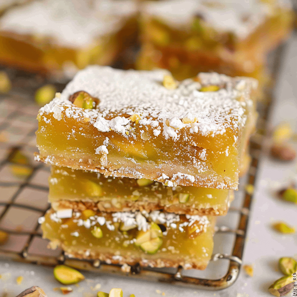 How to Make Irresistible Pistachio Lemon Bars at Home 11 Pistachio lemon bars with powdered sugar on white plate