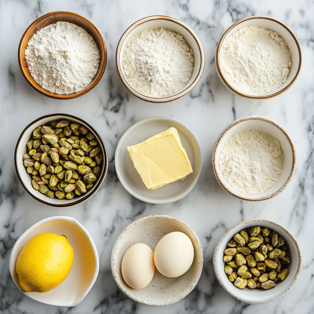 How to Make Irresistible Pistachio Lemon Bars at Home 13 Ingredients for pistachio lemon bars in bowls