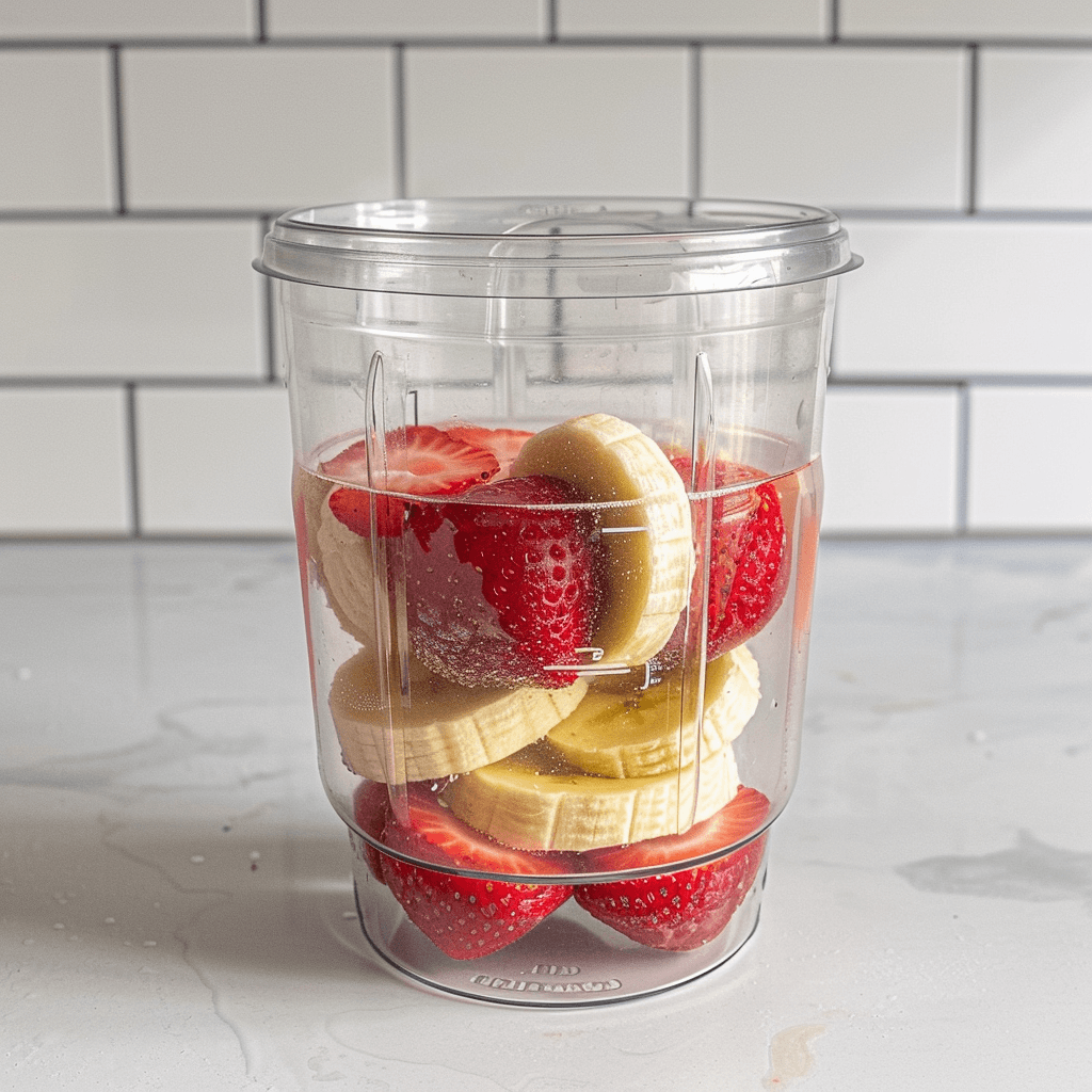 Banana And Strawberry Smoothie Without Milk 13 Sliced banana and strawberries in a blender cup