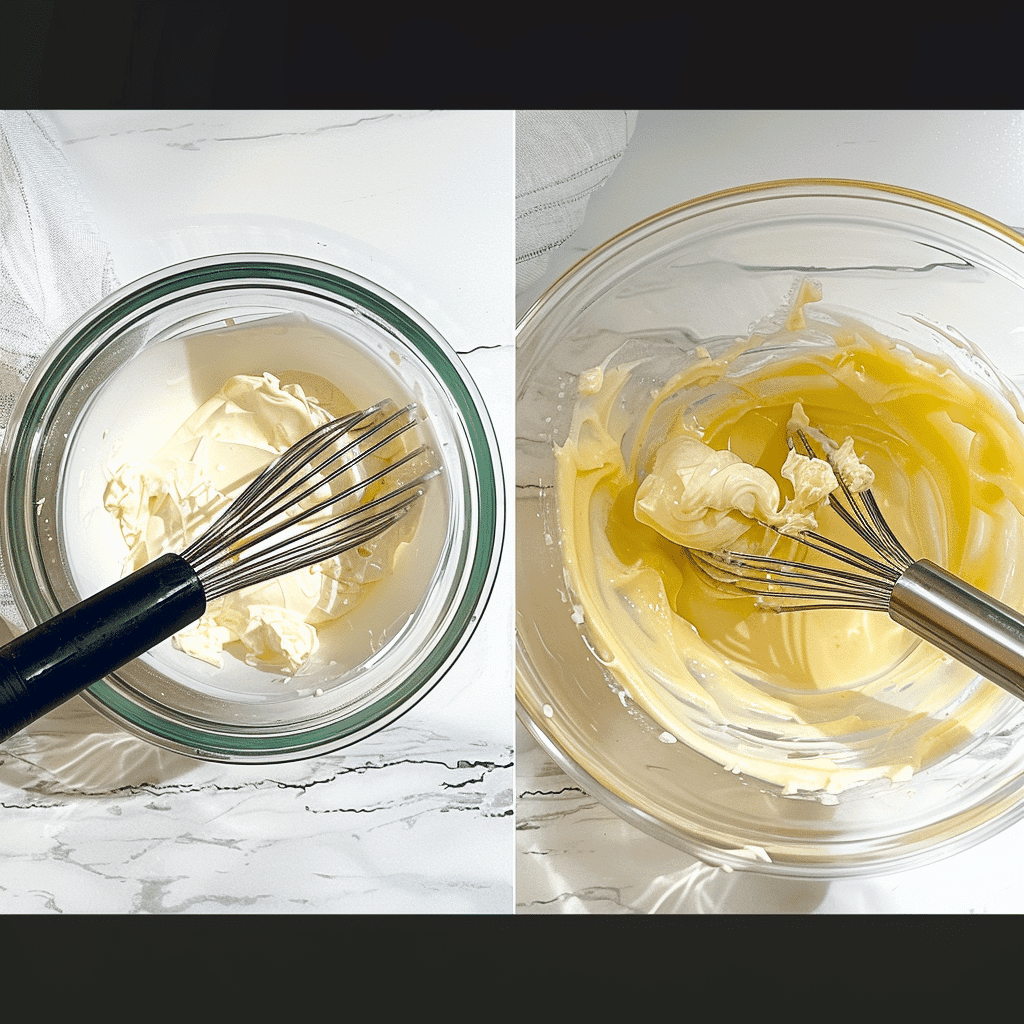 Matcha Tiramisu 15 Whisking mascarpone with egg yolks and sugar in glass bowls