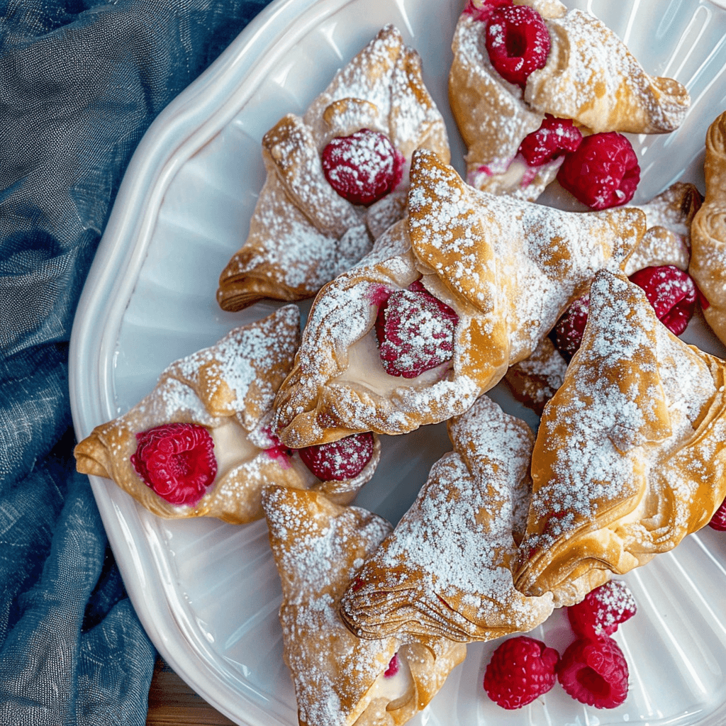 Plate of golden danish pastry raspberry​dusted with powdered sugar
