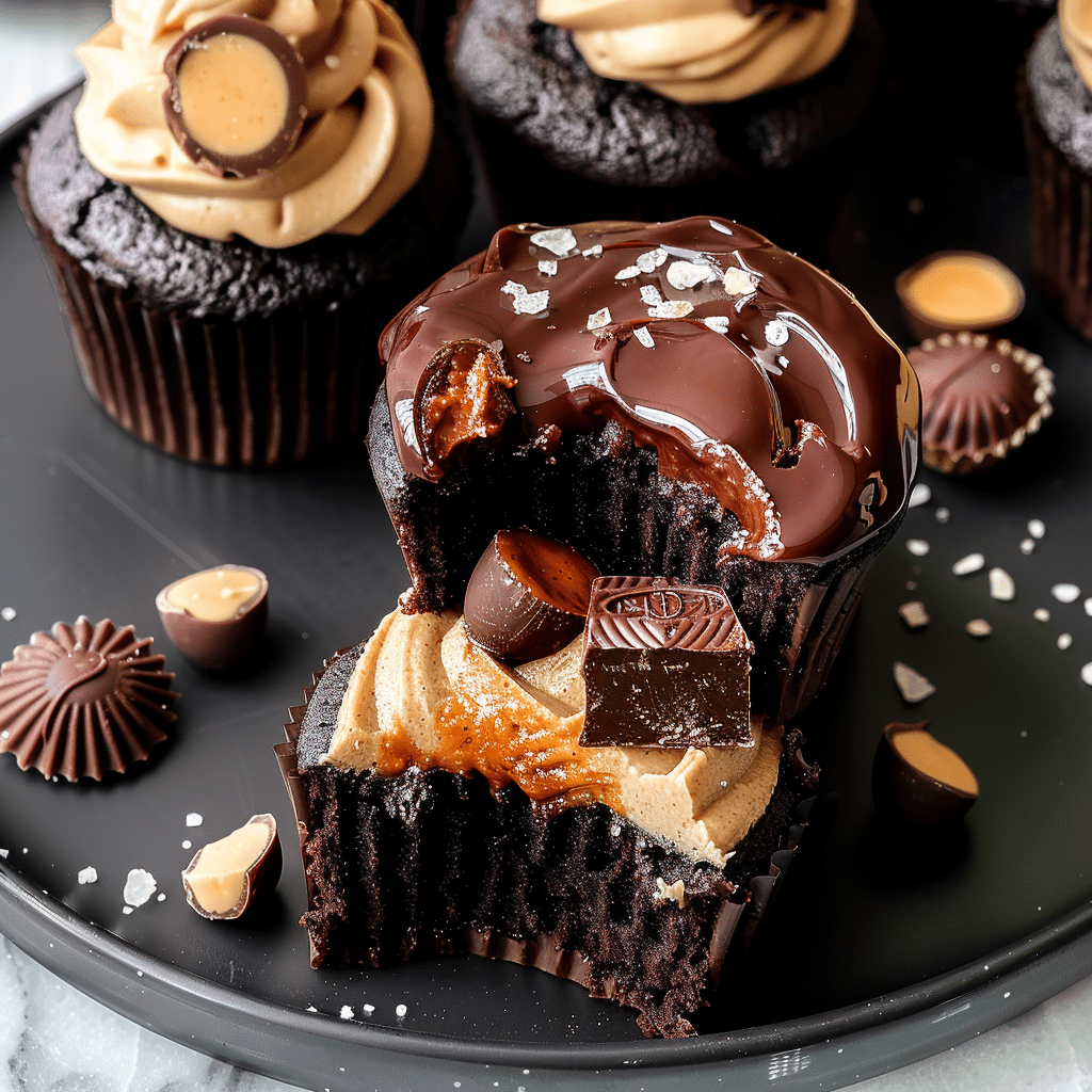 Reese’s PB Cup Cake Recipe 13 Reese’s PB Cup Cakes arranged on platter with napkin and drink pairing