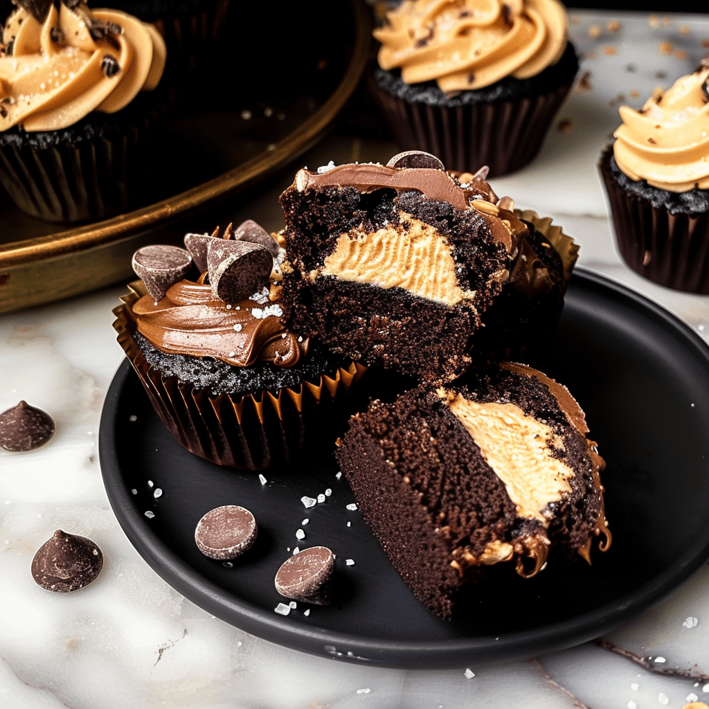 Reese’s PB Cup Cake Recipe 15 Reese’s PB Cup Cake on dessert plate with chocolate coating and peanut butter frosting