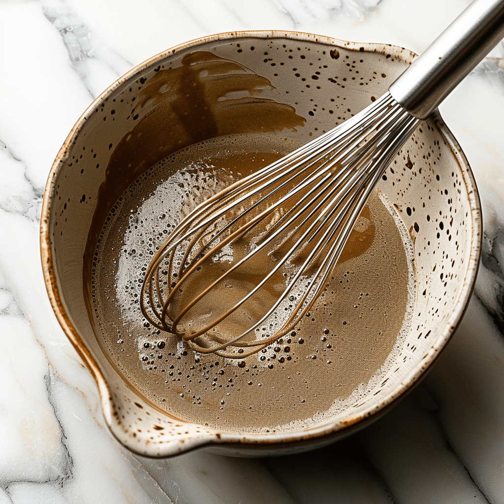 Reese’s PB Cup Cake Recipe 12 Reese’s PB Cup Cake batter being mixed in glass bowl with whisk